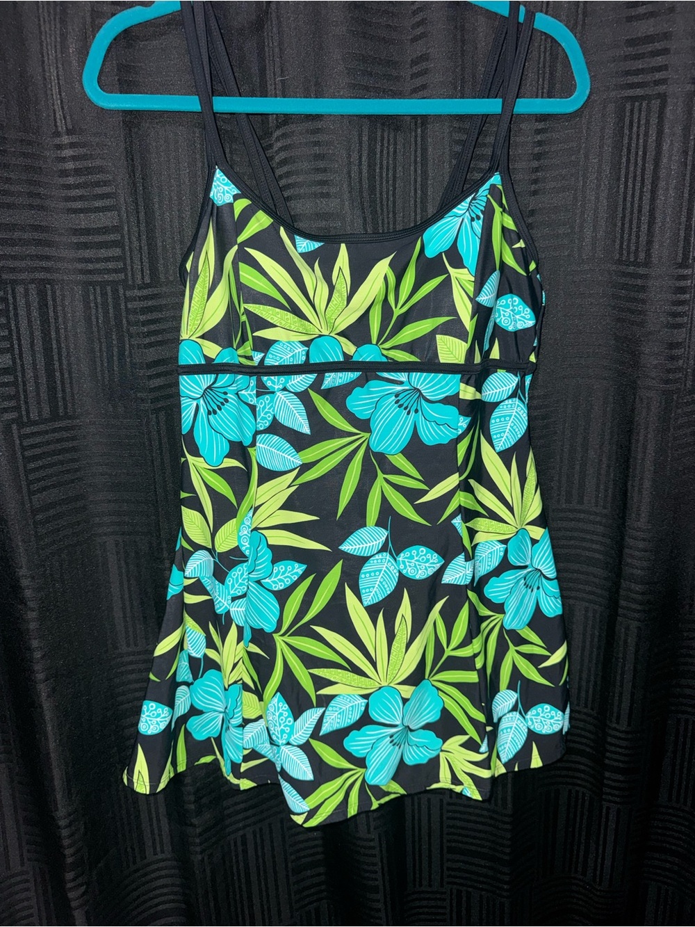 Black Floral One-Piece Swim Dress with Teal & Lime Print